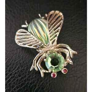 Vintage Signed Weiss Bee Brooch – Gold Tone Green Aurora Borealis Crystals
